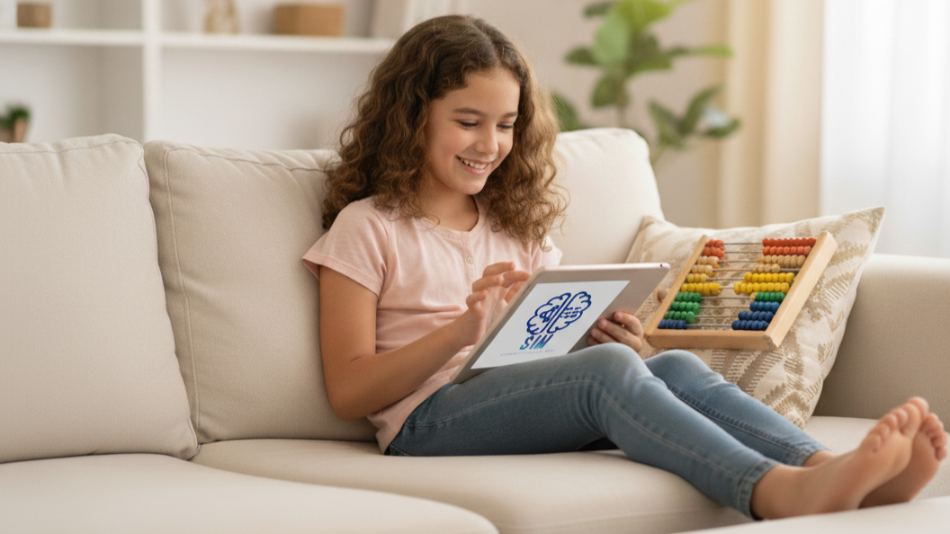 Niño sonriendo mientras aprende cómodamente desde el sofá de su casa.