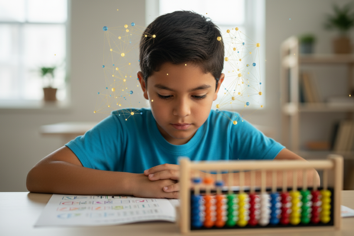 Niño concentrado resolviendo un problema del método SIM.