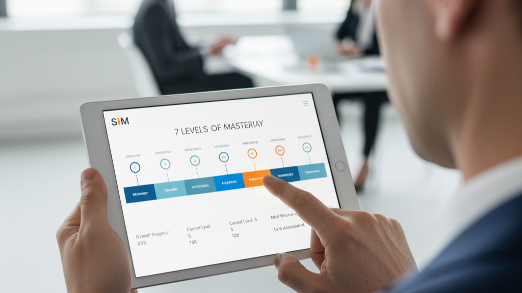 Manos de un educador interactuando con una tablet que muestra un dashboard de progreso de estudiantes.